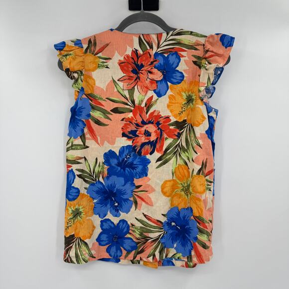 Nine West Womens XS Multicolor Floral Linen Flutter Cap Sleeve Button Blouse Top - Picture 8 of 10
